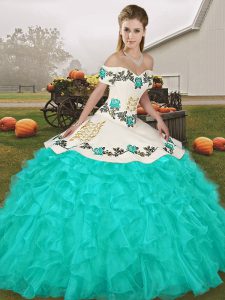 Turquoise Lace Up Off The Shoulder Embroidery and Ruffles Quinceanera Dresses Organza Sleeveless