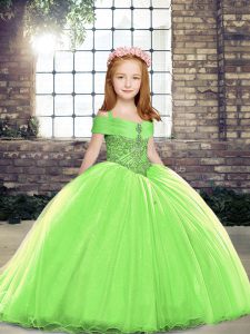 Nice Straps Sleeveless Tulle Little Girls Pageant Gowns Beading Lace Up