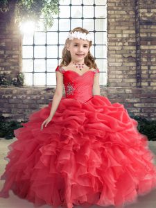 Stylish Red Sleeveless Beading Floor Length Kids Pageant Dress