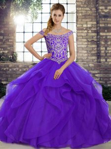 Purple Tulle Lace Up Off The Shoulder Sleeveless Quinceanera Gown Brush Train Beading and Ruffles