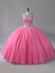 Smart Scoop Sleeveless Lace Up Beading Quinceanera Gown in Pink