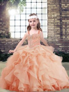 Elegant Tulle Sleeveless Floor Length Little Girl Pageant Gowns and Beading and Ruffles