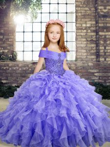 Fashion Lavender Ball Gowns Organza Straps Sleeveless Beading and Ruffles Floor Length Lace Up Girls Pageant Dresses