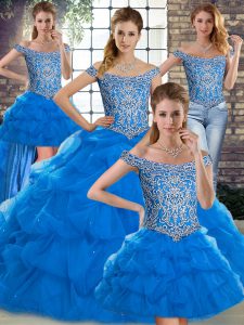 Gorgeous Blue Sweet 16 Dress Off The Shoulder Sleeveless Brush Train Lace Up