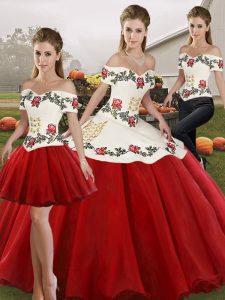 Captivating White And Red Sleeveless Floor Length Embroidery Lace Up Sweet 16 Quinceanera Dress