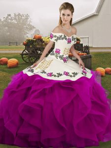 Off The Shoulder Sleeveless Lace Up Vestidos de Quinceanera White And Purple Tulle
