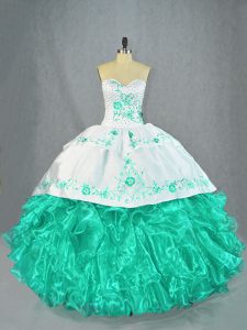 Graceful Sweetheart Sleeveless Quinceanera Gowns Floor Length Embroidery and Ruffles Turquoise Organza
