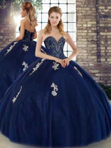 High Class Navy Blue Ball Gowns Tulle Sweetheart Sleeveless Beading and Appliques Floor Length Lace Up Sweet 16 Quinceanera Dress