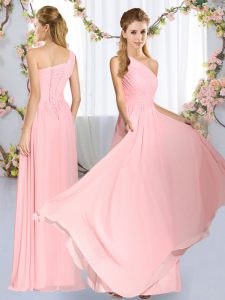 Romantic One Shoulder Sleeveless Lace Up Quinceanera Court Dresses Baby Pink Chiffon