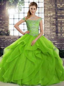 Simple Green Sweet 16 Quinceanera Dress Military Ball and Sweet 16 and Quinceanera with Beading and Ruffles Off The Shoulder Sleeveless Brush Train Lace Up