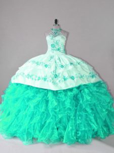 Glorious Sleeveless Embroidery and Ruffles Lace Up Quince Ball Gowns with Turquoise Court Train