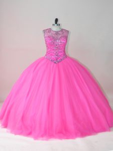 Lovely Rose Pink Sleeveless Tulle Lace Up Quinceanera Gowns for Sweet 16 and Quinceanera