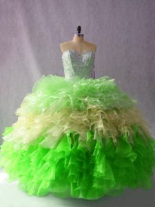 Custom Designed Multi-color Lace Up Party Dress for Girls Beading and Ruffles Sleeveless Floor Length