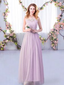 Suitable Lavender Side Zipper Scoop Lace and Belt Quinceanera Dama Dress Tulle Sleeveless