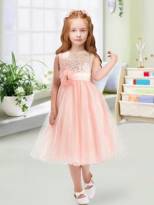 Attractive Tea Length Baby Pink Flower Girl Dress Organza Sleeveless Sequins and Hand Made Flower
