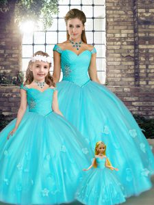 Fine Tulle Off The Shoulder Sleeveless Lace Up Beading and Appliques 15th Birthday Dress in Aqua Blue