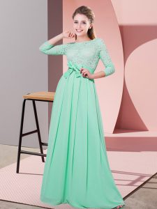 Elegant Floor Length Side Zipper Court Dresses for Sweet 16 Apple Green for Wedding Party with Lace and Belt
