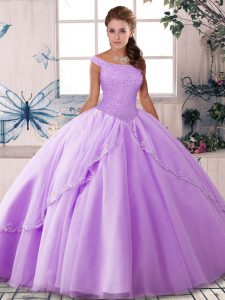 Tulle Off The Shoulder Sleeveless Brush Train Lace Up Beading Quinceanera Gowns in Lavender