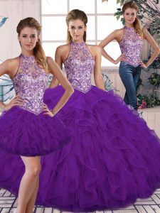 Purple Ball Gown Prom Dress Military Ball and Sweet 16 and Quinceanera with Beading and Ruffles Halter Top Sleeveless Lace Up