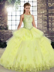 High Class Yellow Lace Up Scoop Lace and Embroidery and Ruffles Quinceanera Dress Tulle Sleeveless