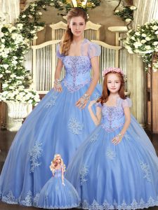 Custom Design Light Blue Strapless Neckline Beading and Appliques Ball Gown Prom Dress Sleeveless Lace Up