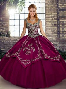 Fuchsia Ball Gowns Straps Sleeveless Tulle Floor Length Lace Up Beading and Embroidery Quinceanera Dress