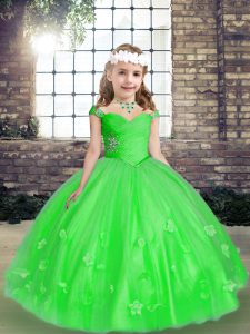 Sleeveless Tulle Floor Length Lace Up Little Girls Pageant Gowns in Green with Beading and Hand Made Flower