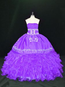 Unique Lavender Ball Gowns Organza Strapless Sleeveless Embroidery and Ruffles Floor Length Lace Up Quinceanera Gowns