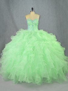 Most Popular Green Sleeveless Floor Length Beading and Ruffles Lace Up Quinceanera Gown