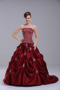 Wine Red Quinceanera Gowns Sweet 16 and Quinceanera with Embroidery and Pick Ups Strapless Sleeveless Brush Train Lace Up