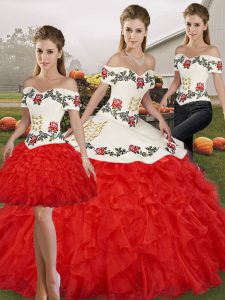 Noble White And Red Off The Shoulder Neckline Embroidery and Ruffles Quinceanera Gowns Sleeveless Lace Up