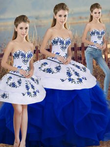 Royal Blue Three Pieces Sweetheart Sleeveless Tulle Floor Length Lace Up Embroidery and Ruffles and Bowknot Quinceanera Dress