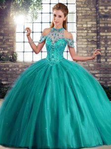 Turquoise Halter Top Neckline Beading Quinceanera Dresses Sleeveless Lace Up