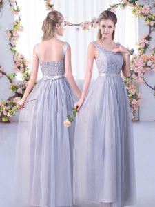 Fancy Grey Empire V-neck Sleeveless Tulle Floor Length Side Zipper Lace and Belt Damas Dress