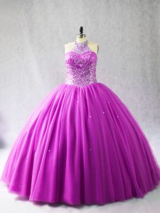 Sleeveless Tulle Brush Train Lace Up Sweet 16 Dresses in Lilac with Beading