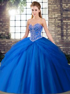 Blue Lace Up Sweetheart Beading and Pick Ups Quinceanera Dress Tulle Sleeveless Brush Train
