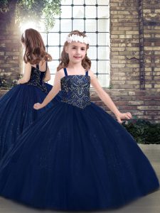 Exquisite Navy Blue Lace Up Straps Beading Little Girl Pageant Gowns Tulle Sleeveless