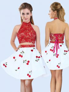 Inexpensive Sleeveless Mini Length Lace and Pattern Lace Up Dama Dress for Quinceanera with White And Red
