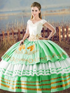 Traditional V-neck Sleeveless Lace Up Ball Gown Prom Dress Apple Green Satin