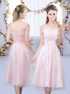 Baby Pink Empire Sweetheart Short Sleeves Tulle Tea Length Lace Up Lace and Belt Dama Dress