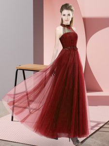 Fine Wine Red Sleeveless Floor Length Beading and Appliques Lace Up Dama Dress