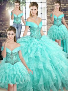 Off The Shoulder Sleeveless Brush Train Lace Up Quinceanera Gown Aqua Blue Organza