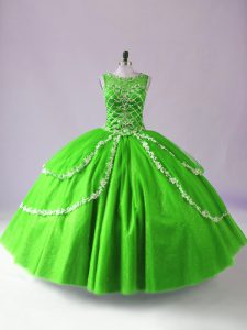 Ideal Floor Length Green 15 Quinceanera Dress Tulle Sleeveless Beading and Appliques