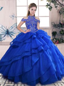 Sophisticated High-neck Sleeveless Organza 15 Quinceanera Dress Beading and Ruffled Layers Lace Up