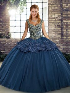 Vintage Sleeveless Tulle Floor Length Lace Up Quinceanera Dresses in Navy Blue with Beading and Appliques
