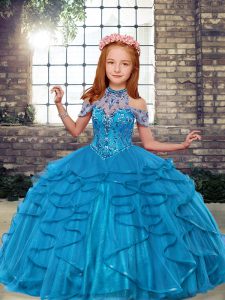 Best Teal Lace Up Pageant Dress for Teens Beading and Ruffles Sleeveless Floor Length