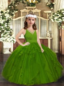 Stunning Straps Sleeveless Pageant Dress Wholesale Floor Length Ruffles Olive Green Tulle
