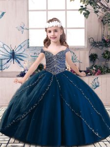 Most Popular Navy Blue Pageant Dress for Teens Party and Sweet 16 and Wedding Party with Beading Sleeveless Lace Up