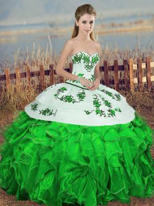 Organza Sweetheart Sleeveless Lace Up Embroidery and Ruffles and Bowknot Sweet 16 Dress in Green