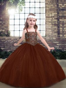 Sleeveless Floor Length Beading Lace Up Little Girls Pageant Dress with Brown